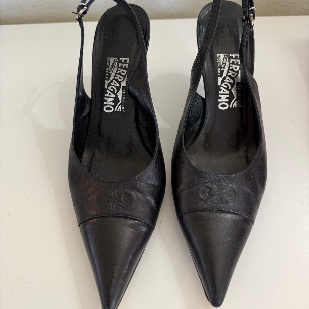 Salvatore Ferragamo Black Pointed Slingback Heels